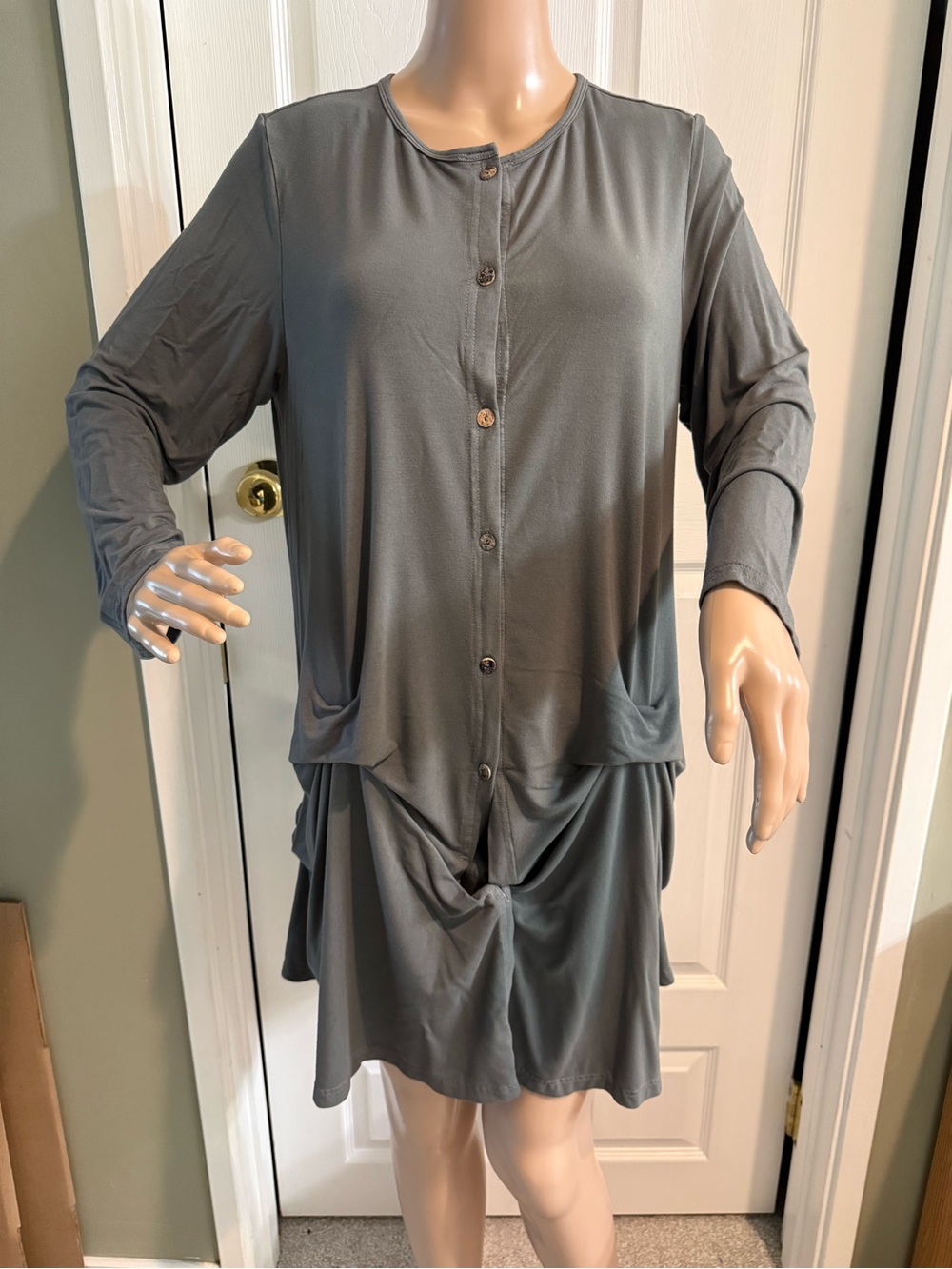 Kleen Heartstring Top Tunic L Gray Lagenlook Size M Button Draped Casual Comfy
